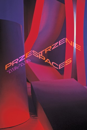 Surrealistyczne zdjęcie przestrzeni, róże i fiolety układające się w geometryczne kształty na pierwszym planie łamiący się niczym ściana napis "Przestrzenie"