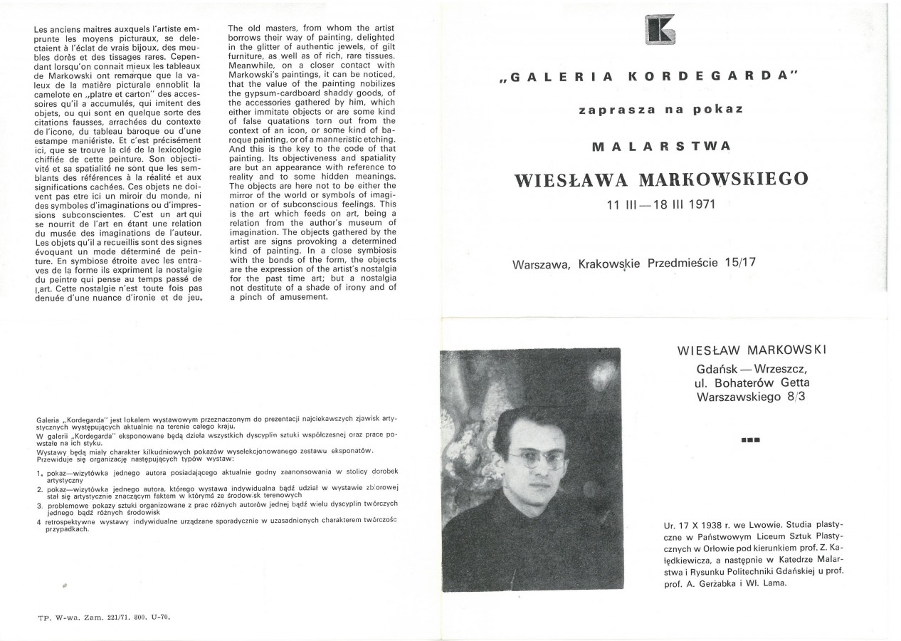 Grafika obiektu: Pokaz malarstwa Wiesława Markowskiego 11 III - 18 III 1971