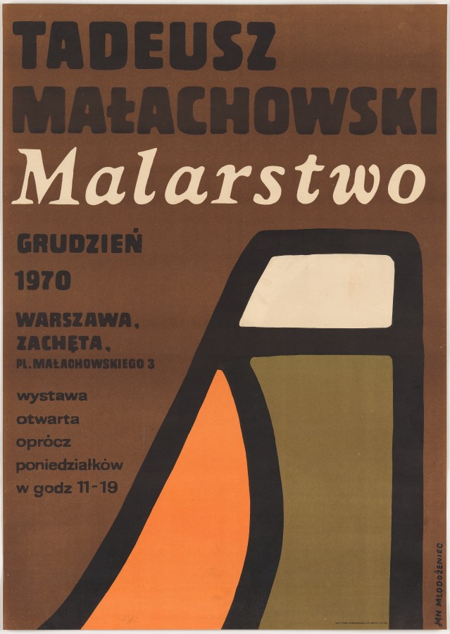 Brązowe tło, na nim czarne napisy i jeden biały: Malarstwo. Dużą część zajmuje abstrakcyjny kształt o czarnym zarysie o trzykolorowym wypełnieniu.