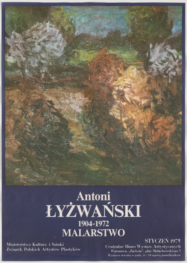 Większą część plakatu zajmuje obraz z namalowanymi krzewami w odcieniach zielonego i brązowego. Pod obrazem napisy na granatowym prostokącie.