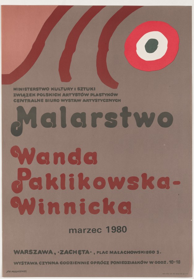 Szare tło. Na nim napisy i abstrakcyjne kształty ponad napisami. Jeden z nich, po prawej, to brudnozielona kropka w białym kole w czerwonym kole.