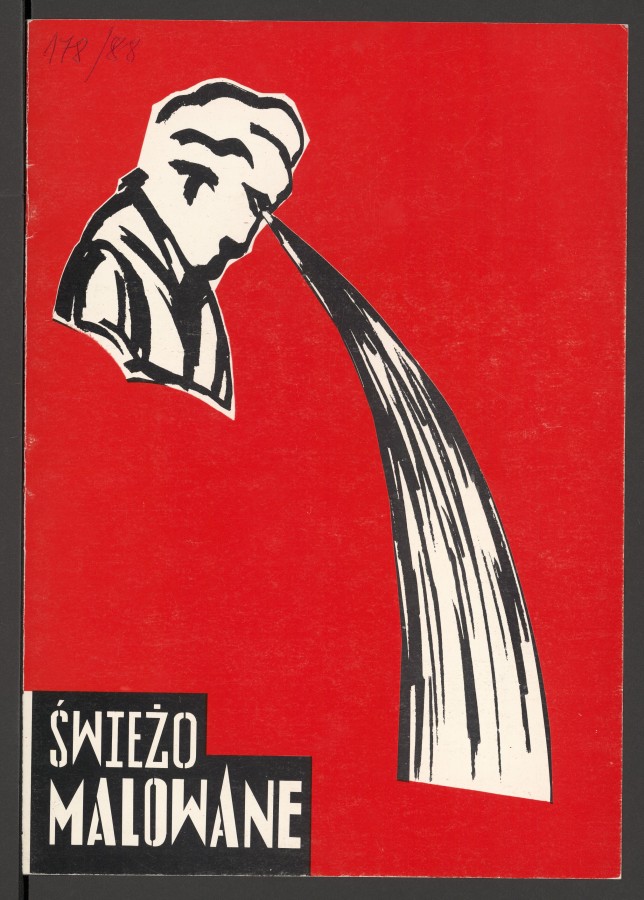 Czerwona okładka z biało-czarną grafiką. W górnej części, z lewej strony, półpostać  z profilu, naszkicowana schematycznie czarną kreską na białym tle. Pochyla głowę w dół, ku środkowi okładki. Z jej oczu wylewa się ciecz - obfitym chluśnięciem. W lewym do