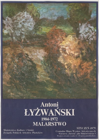 Większą część plakatu zajmuje obraz z namalowanymi krzewami w odcieniach zielonego i brązowego. Pod obrazem napisy na granatowym prostokącie.