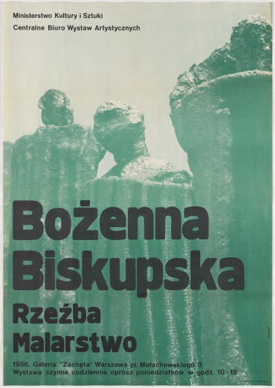 Na zielonkawym tle bardzo duże litery: kremowe, lekko przybrudzone z czerwoną obwódką. Układają się w napis: Rolf Nesch.