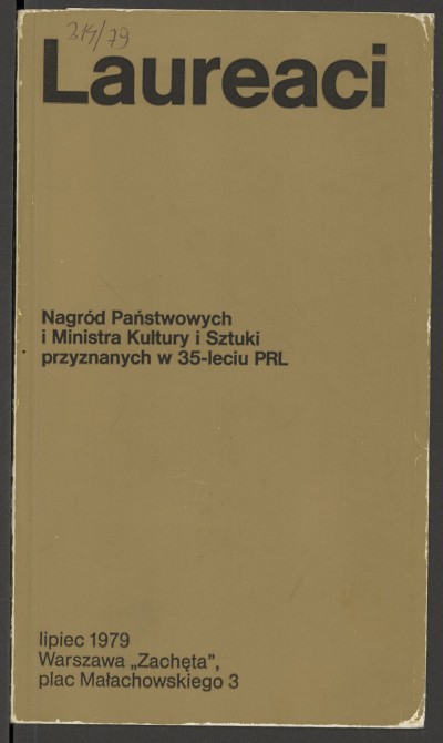 Brązowa okładka. U góry, większymi literami "laureaci"; pośrodku, mniejszymi dalsza część tytułu. Na dole miejsce wystawy i data. Wewnątrz: tekst; na kolejnych stronach, alfabetycznie, nazwiskami zaprezentowani nagrodzeni artyści: duże, czarno-białe zdjęci