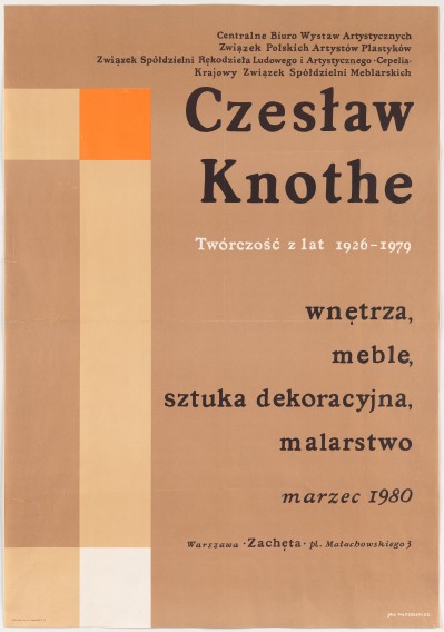 Na jasnobrązowym tle po prawej stronie białe i czarne napisy. Z lewej strony kremowe prostokąty i kwadraty; biały, pomarańczowy.