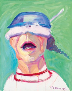 Zdjęcie pracy Maria Lassnig, Selbstporträt mit Kochtopf (Self-portrait with Saucepan), 1995 © Maria Lassnig Foundation